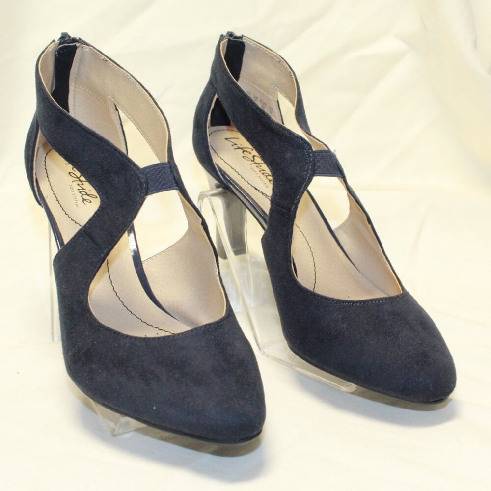 Life Stride SZ 8.5M Navy Blue Faux Suede Patent Heel GIOVANNA 2 Zip Pump Heels